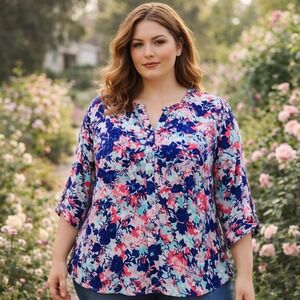 Catherines Floral Button Blouse 1X Blue Pink Cottage Spring Plus boho romantic
